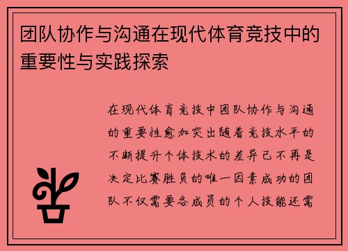 团队协作与沟通在现代体育竞技中的重要性与实践探索